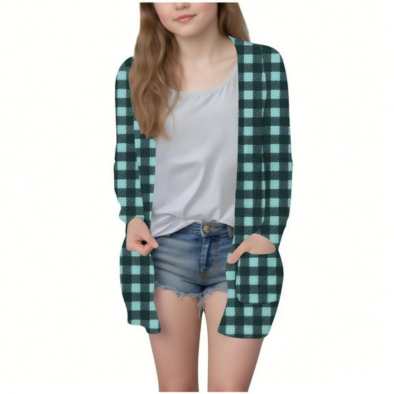 aohooy Cardigan Kids Girls Plaid Lightweight Open Front Cardigans Shawl Collar Long Sleeve Oversized Outerwear Sweater with Pockets Mint Green,130