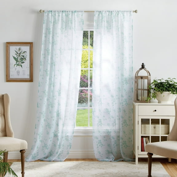 Martha Stewart Bellefield Floral Curtain Sheer Panel Pair, Poletop, Aqua, Indoor (Set of Two), 37"W x 95"L, Adult