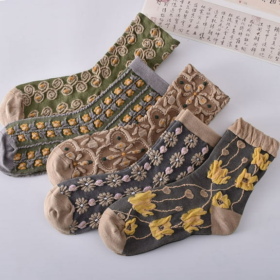 5 Pairs Womens Floral Cute Socks Vintage Embroidered Plant Socks for Women Teens Cotton Cozy Ankle Sock