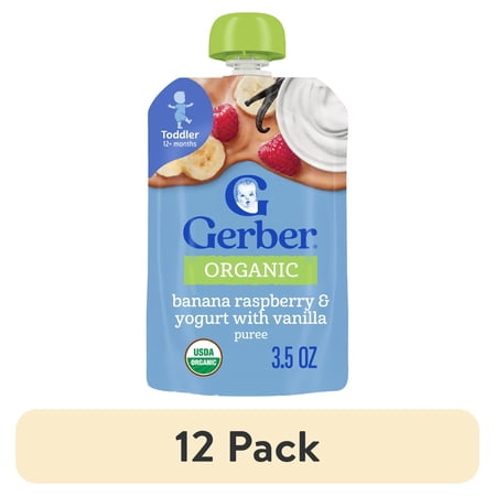 (12 pack) Gerber Organic Toddler Food Puree, Banana Raspberry Vanilla, Yogurt Pouches, 3.5 oz