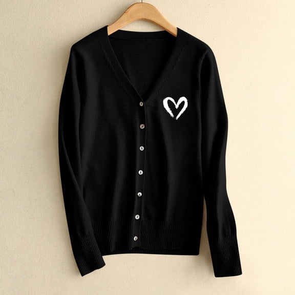 NTACZA Valentines Women's Sweater V Neck Black Heart Print Cardigan Sweater Button Down Knit Tops Ladies Jumpers L