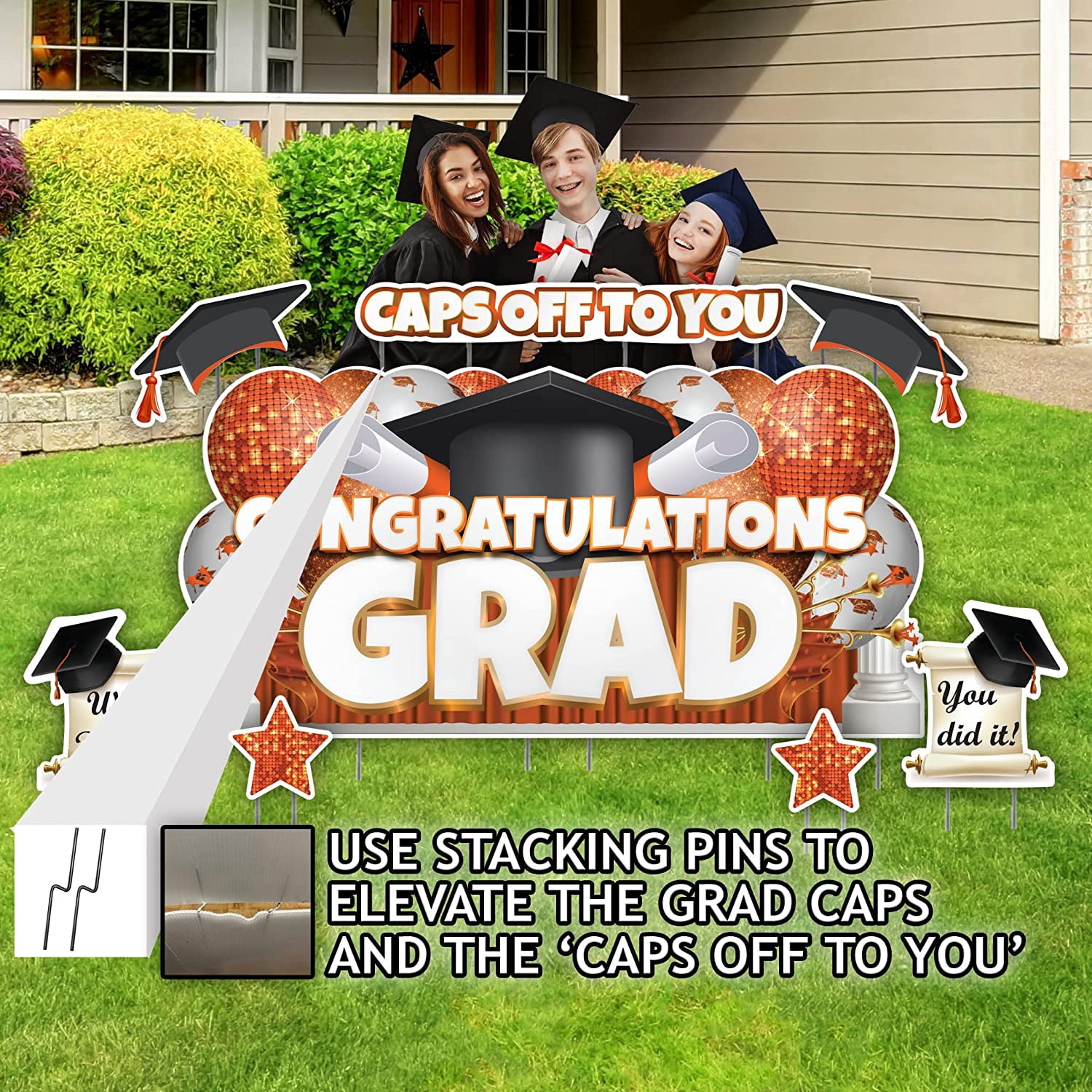 VictoryStore Oversized Orange Congratulations Grad, Caps Off To You EZ Yard Card Set, 8 Pieces