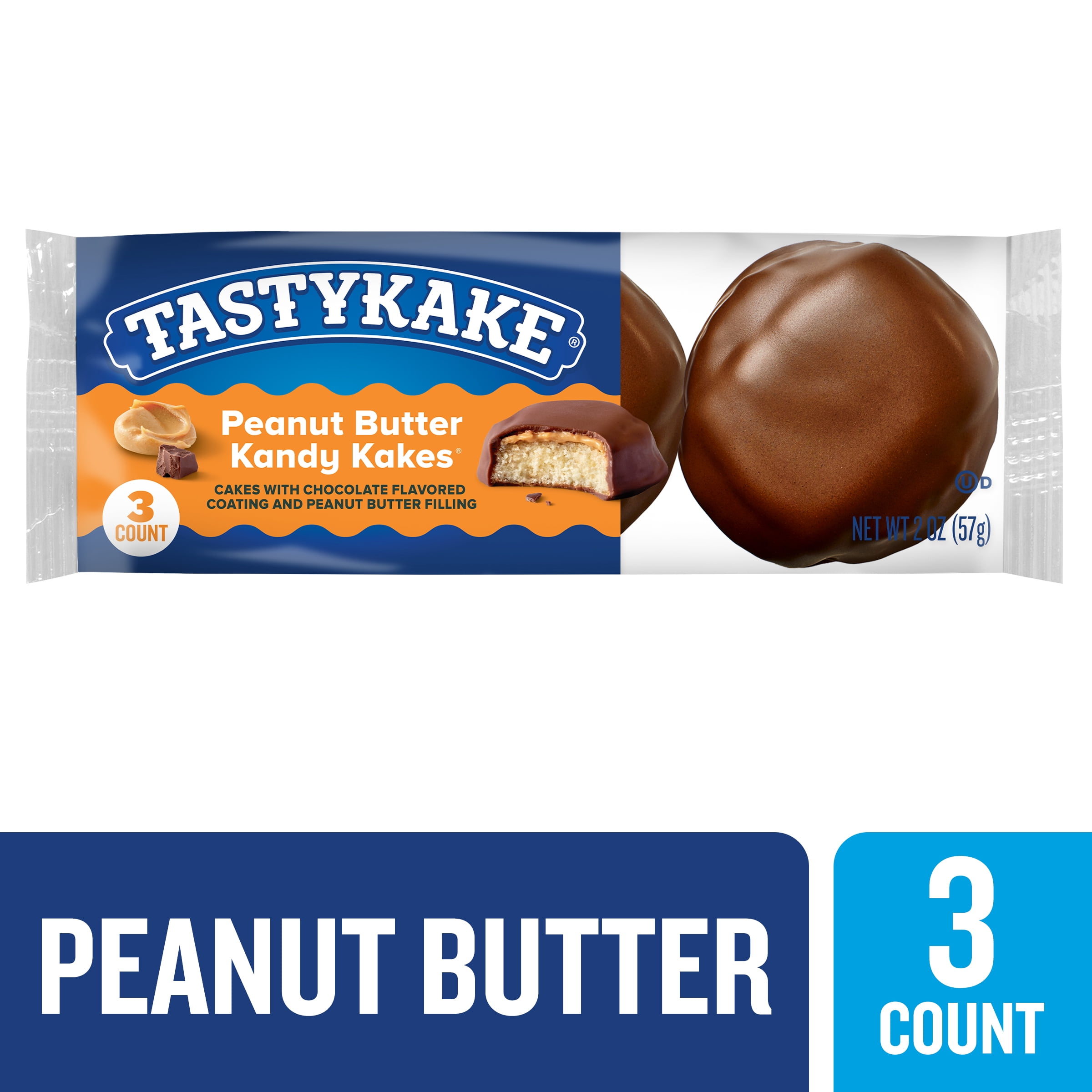Tastykake Peanut Butter Kandy Kakes, Peanut Butter-filled Cakes Covered in Chocolate, 2 oz, 3 Count
