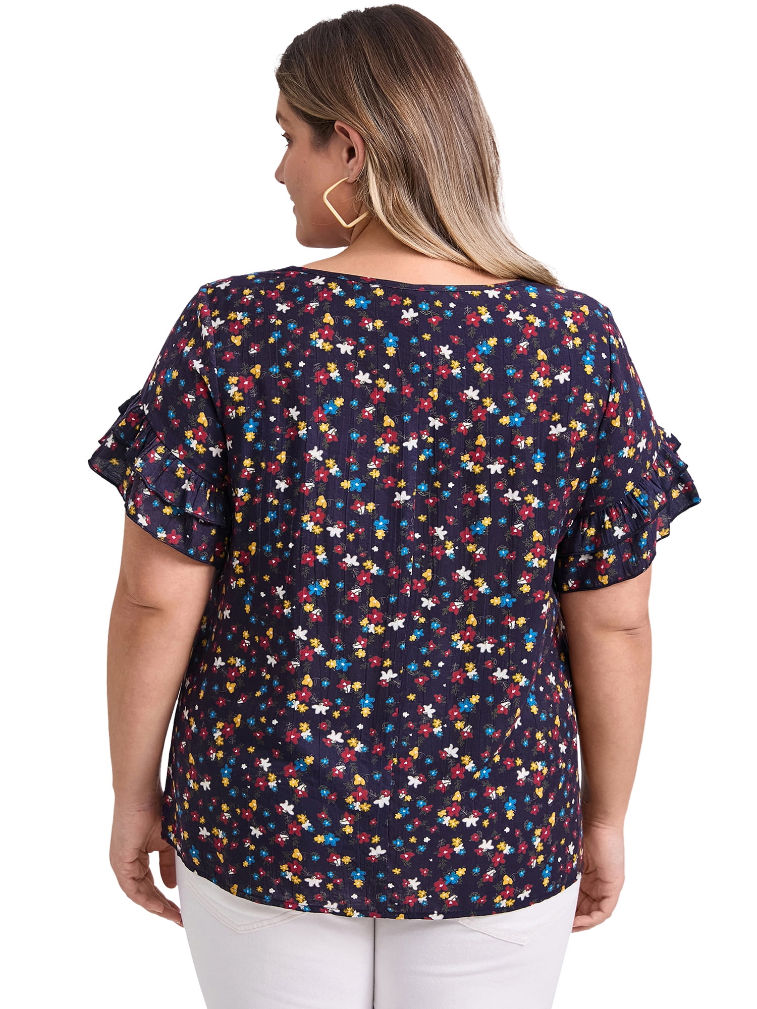 DARING DIVA Women's Plus Floral Print Ruffles Blouse 2X Dark Blue