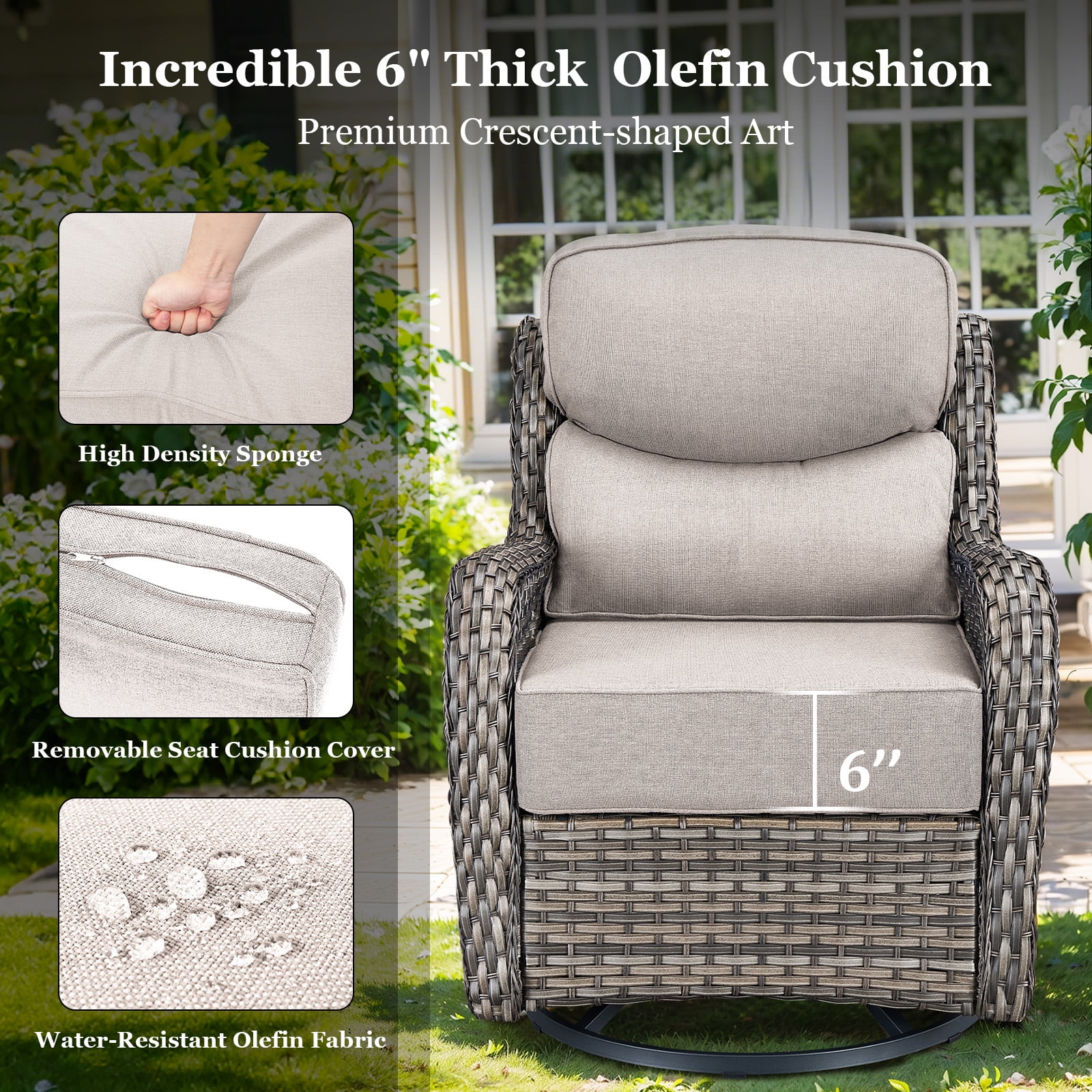 Planntonneo 3-Piece Patio Furniture Set - Wicker Swivel Glider Chairs with 6-Inch High-Resilience Cushions and Side Table, Grey/Beige