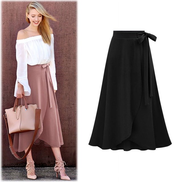 Falda de media longitud, otoño de mujer, falda irregular de cintura alta, falda con abertura, talla grande, largo medio, falda de mujer con cordones, largo medio