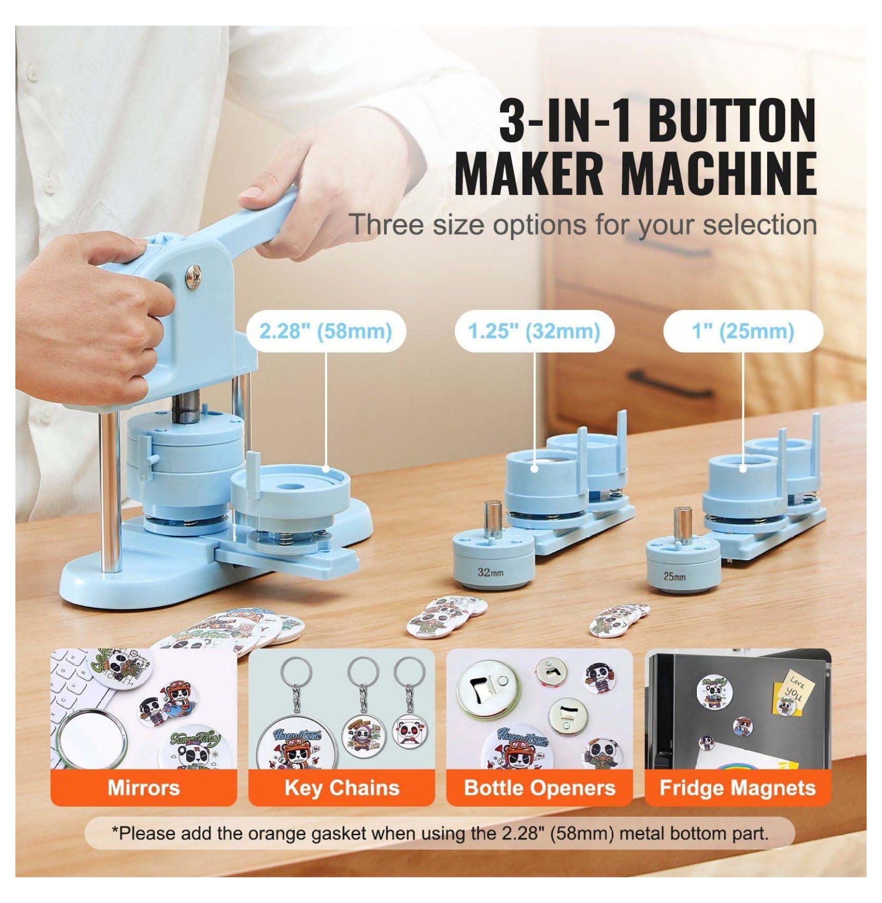 Button Maker Machine, 1/1.25/2.28 inch Pin Maker Kit - 300pcs Parts & Panda Magic Book - DIY Crafts, Gifts for Kids, Blue