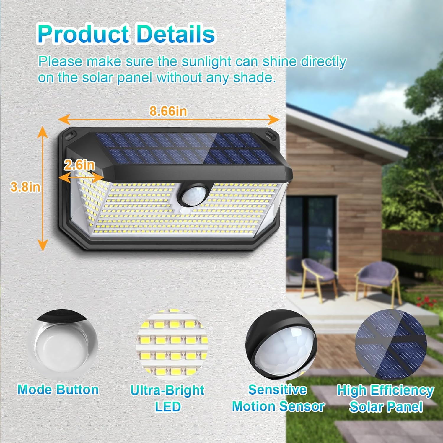 Solar Outdoor Lights, 4000LM 388 LEDs Motion Sensor Outdoor Light, IP65 Waterproof Solar Powered Outside Lights with 270° Wide Angle & 3 Modes, Exterior Flood Security Lights for Patio Garage, 2-Pack