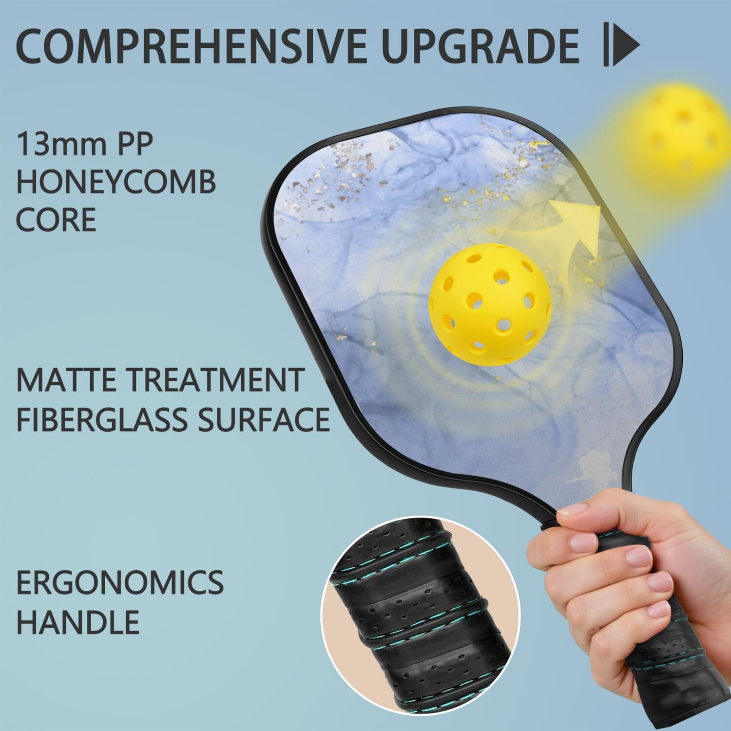 Pickleball Paddles Set Of 1, Fiberglass Surface, Turquoise Marble Pattern, 1 Paddle, 2 Balls & Bag