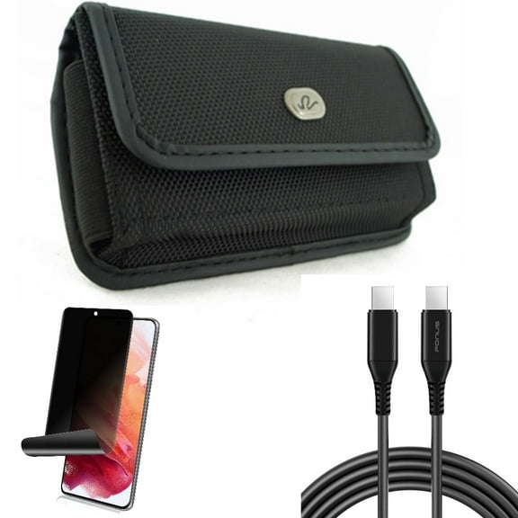 Case Belt Clip & Privacy Screen Protector & 6ft Long USB-C Cable for Samsung Galaxy S22 (6.1") - Rugged Holster & TPU Film Fingerprint Works & PD Fast Charger Cord Power Accessory Bundle