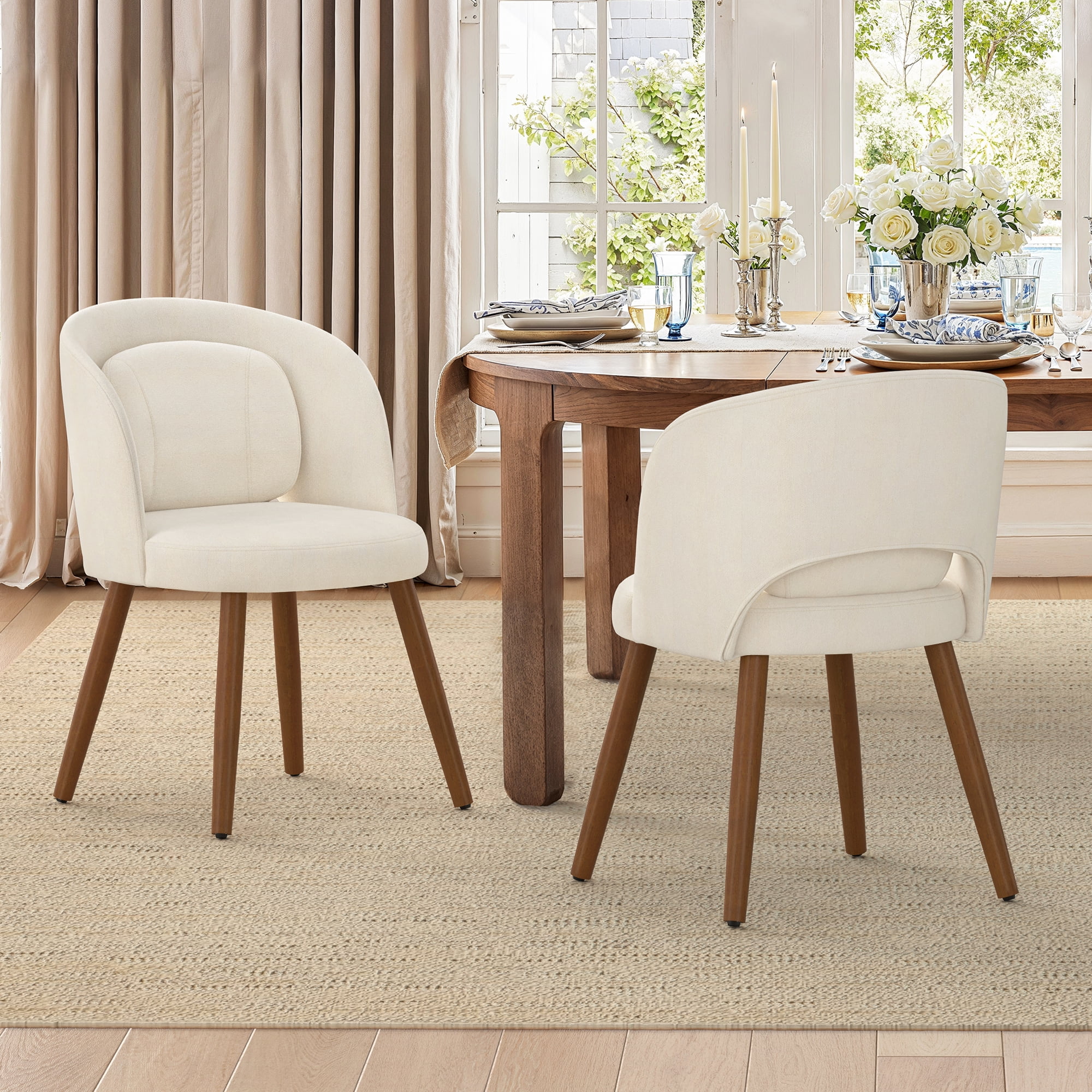 Dycanpo Upholstered Dining Chairs Set of 2, Wooden Dining Side Chairs with Curved Backrest & Individual Back Cushion, Beige