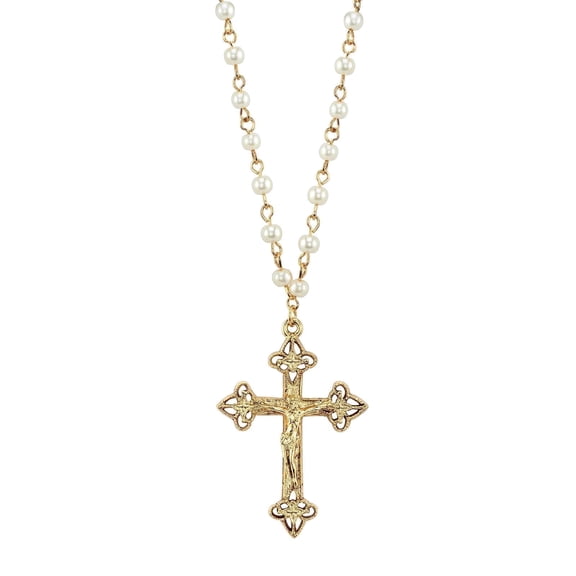 1928 Jewelry Women's Gold Tone 4mm Faux Pearl Chain Crucifix Cross Pendant Necklace 16"   3" Extender