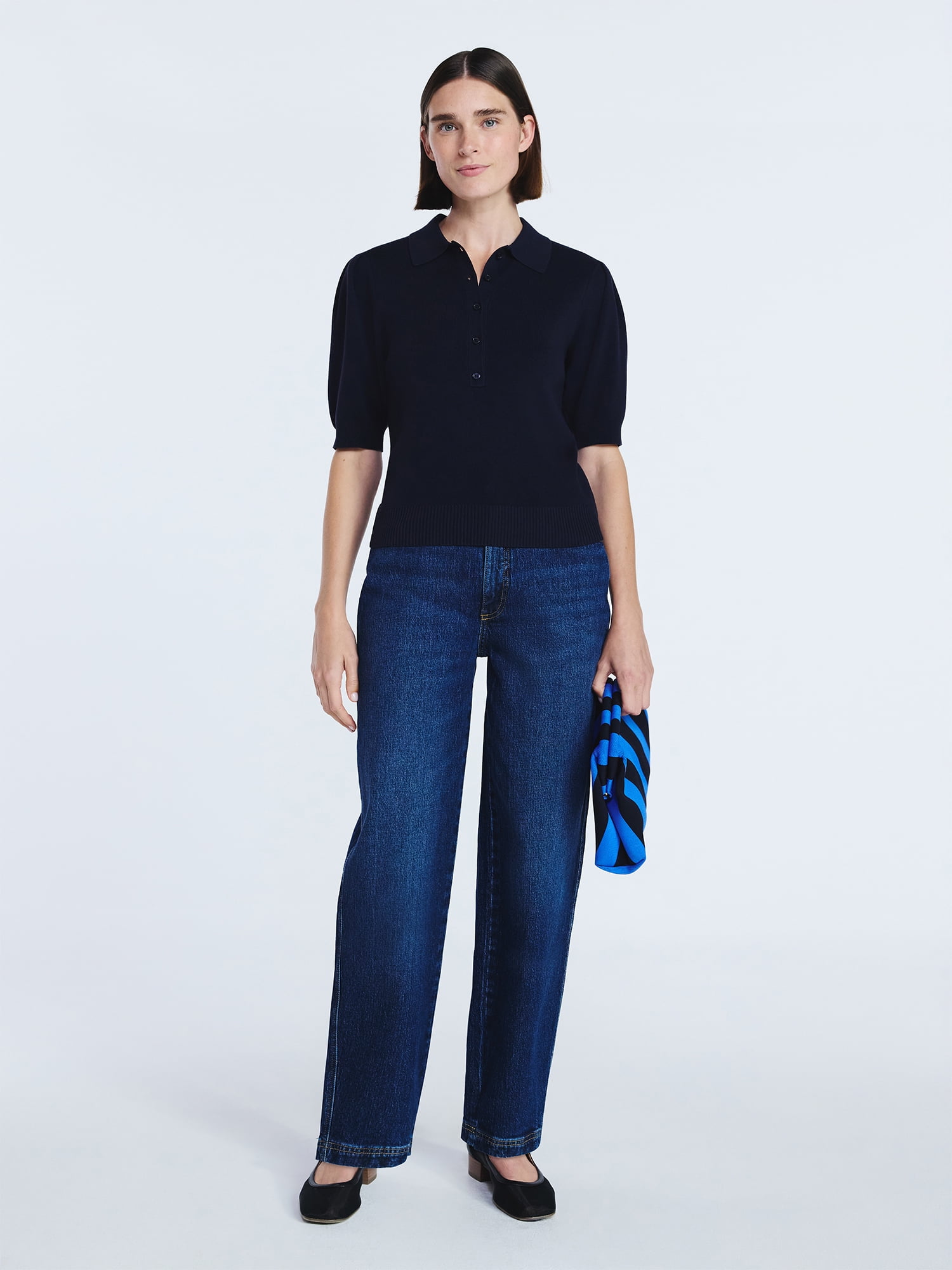 Free Assembly Women's and Women's Plus Collared Sweater Tee with Puff Sleeves, Lightweight, Sizes XS-4X