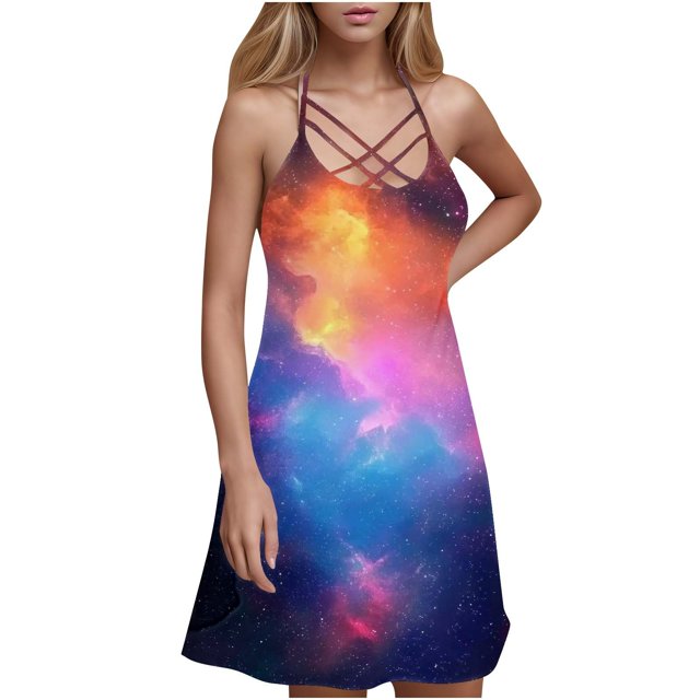 Ovzne Robes pour Femmes Robe de Plage Femmes Robes d'Été Plage Dentelle Panneau Imprimé Sans Manches Décontractée Ample Robe Débardeur Robe pour Femmes Imprimée Liquidation