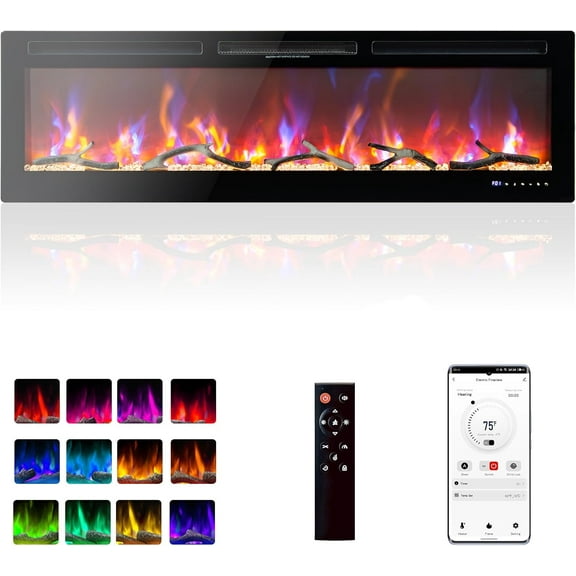 50 Inch WiFi-Enabled Electric Fireplace Recessed and Wall Mounted, 750W/1500W Smart Electric Fireplace Heater with Timer, Remote Control, Adjustable Flame Colors, Brightness, Log and Crystal