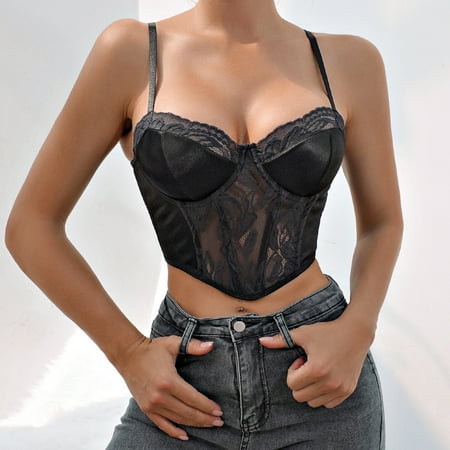 Brondbend Summer Tops for Women 2025 Crew Neck Sleeveless Solid Color Lace Loose Flowy Blouse Camisole Sexy Spaghetti Strap Backless Bustier Corset Mesh Blouse Womens Fashion Daily Wear Black Xs