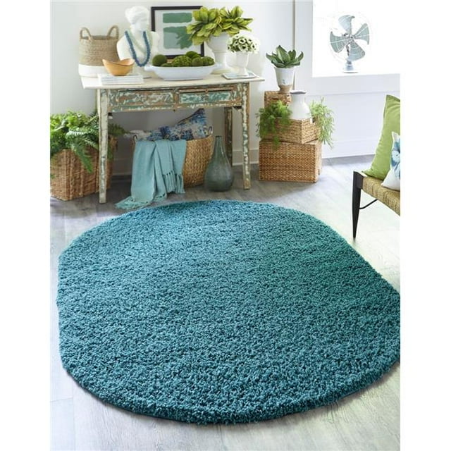 Unique Loom 3151439 3 ft. 3 in. x 5 ft. 3 in. Solid Shag Oval Rug, Aqua Blue