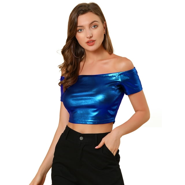 INSPIRE CHIC Women's Metallic Shiny Party Off Shoulder Crop Top