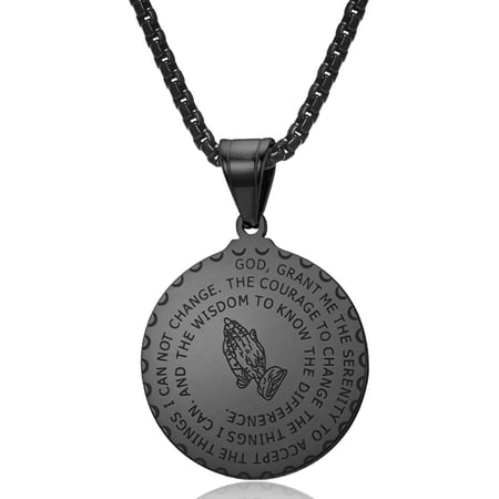 Serenity Prayer Necklace Praying Hands Coin Pendant for Men Women | Stainless steel Lord's Prayer Bible verse necklace with praying hands coin medal pendant religious jewelry for men women.