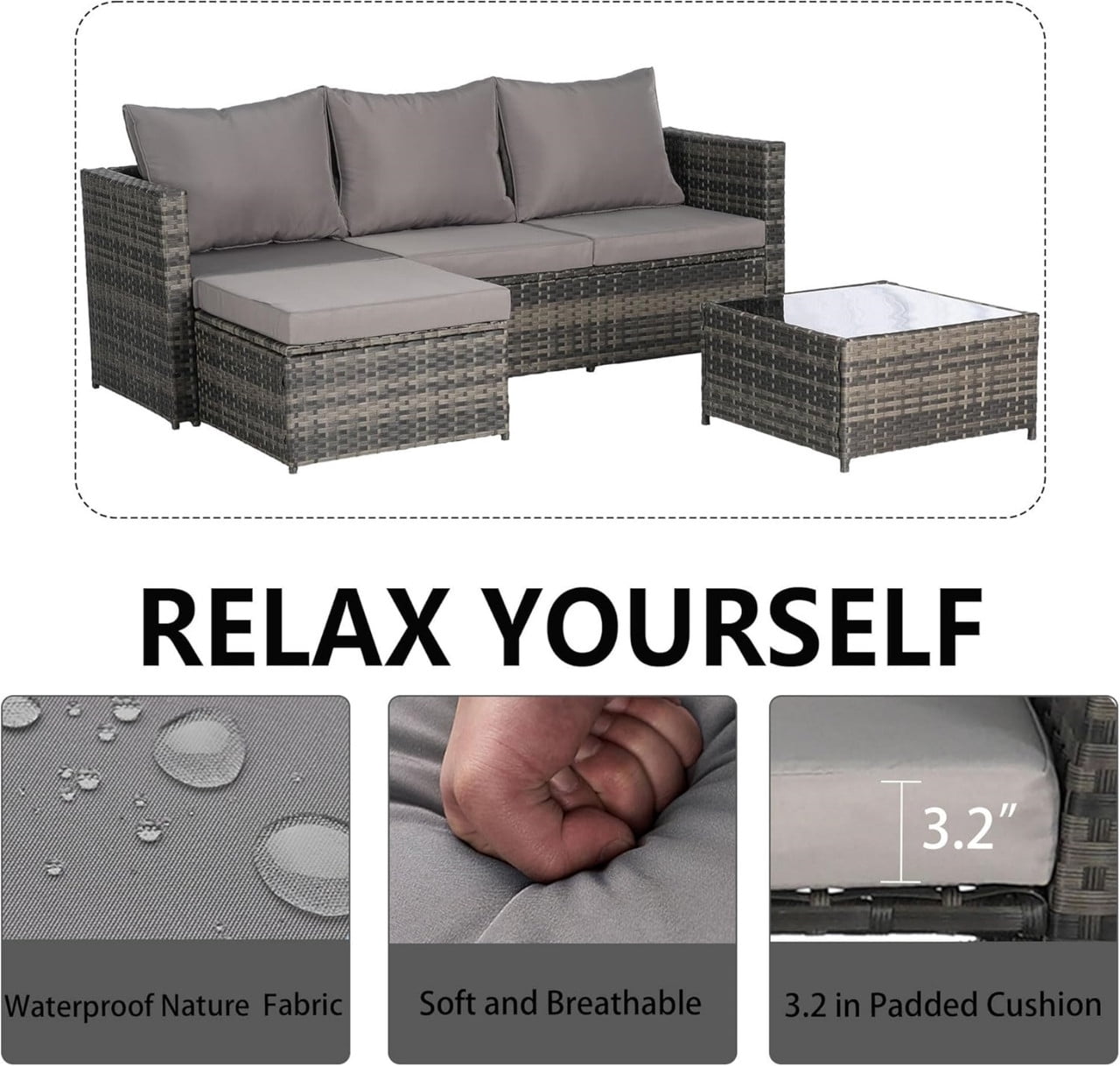 3-Piece Patio Furniture Set with Coffee Table, Outdoor L-Shaped Sectional Sofa Set with Ottoman, Wicker Outdoor Conversation Set for Backyard Poolside