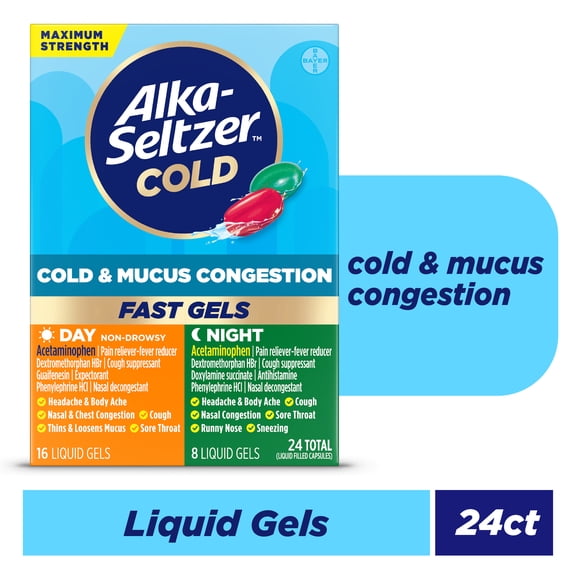 Alka-Seltzer Plus Maximum Strength Cough, Mucus & Congestion Medicine, Day Night, Powermax Liquid Gels, 24 Count