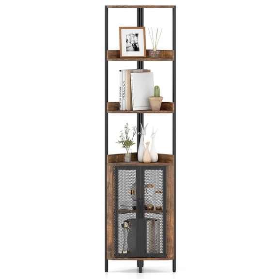 Gymax 6-Tier Corner Shelf 67'' Tall Corner Bookshelf w/Cabinet & Adjustable Shelf Rustic Brown & White