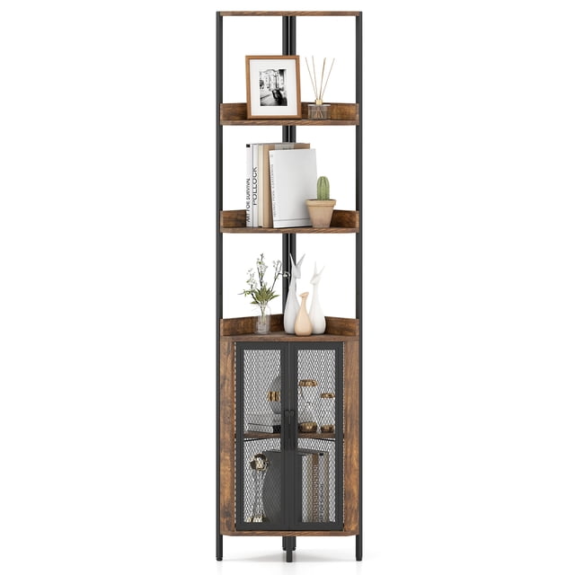 Gymax 6-Tier Corner Shelf 67'' Tall Corner Bookshelf w/Cabinet & Adjustable Shelf Rustic Brown & White