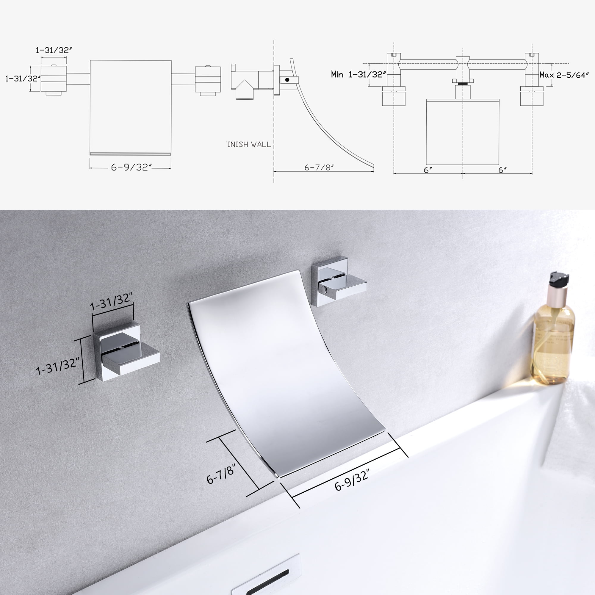 Wall Mount Tub Filler, Chrome Waterfall Tub Faucet, High Flow