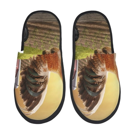 

Fuzoiu Country Farm Morning Rooster Print Unisex Furry Slippers Plush Indoor Shoes Trendy House Slippers Anti-Skid EVA Sole House Shoes for Home Office and Travel -Medium