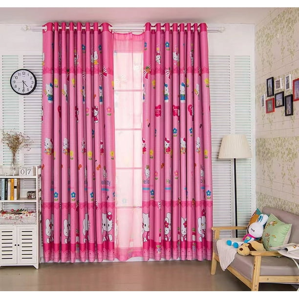 Cortinas opacas de poliéster 100%, cortina para habitación de niños, cortina de ventana rosa de dibujos animados de Hello Kitty para dormitorio de niños
