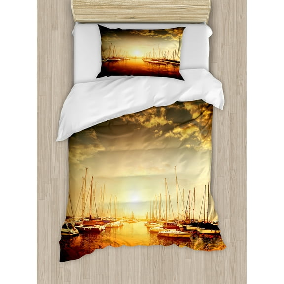 Marine Duvet Cover Set, Sunset Photo with Cloudy Sky and Boats and Yatches in Marina, Decorative 2 Piece Bedding Set with 1 Pillow Shams, Twin Size, Orange Black Pale Yellow, by Ambesonne