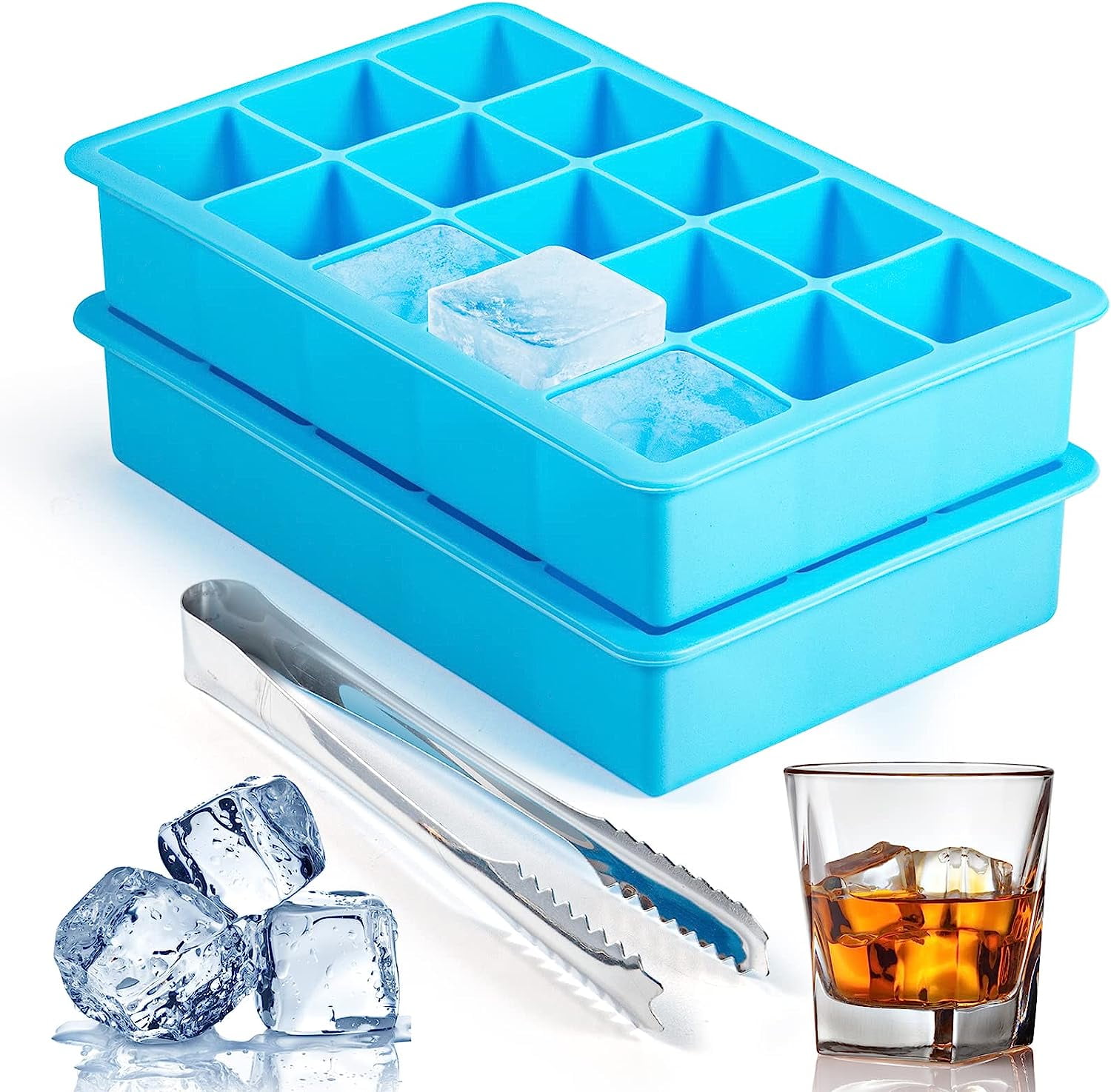 2-Pack Silicone Ice Cube Trays – 1.25" Square, 30 Cubes (15 per Tray), Easy-Release – BPA-Free – For Freezer/Cocktail/Whiskey – 5 Colors
