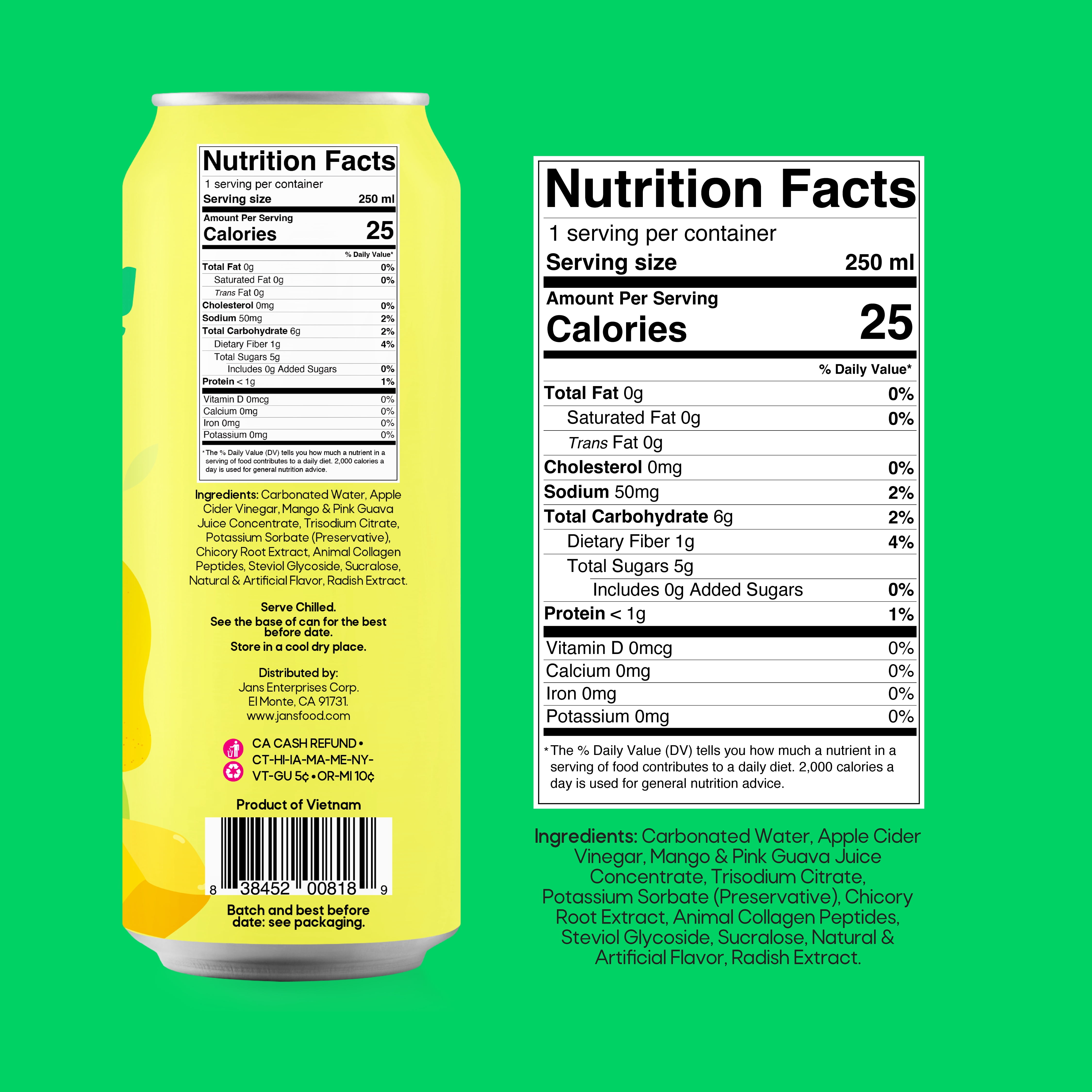 Jans Sparkling Prebiotic Soda Beverage, 8.4 oz – Low Calorie, No Added Sugar – Non-GMO Sparkling Fruit Beverage – Gut Health Support – Naturally Refreshing (24-Pack, Pink Guava & Mango with Collagen)