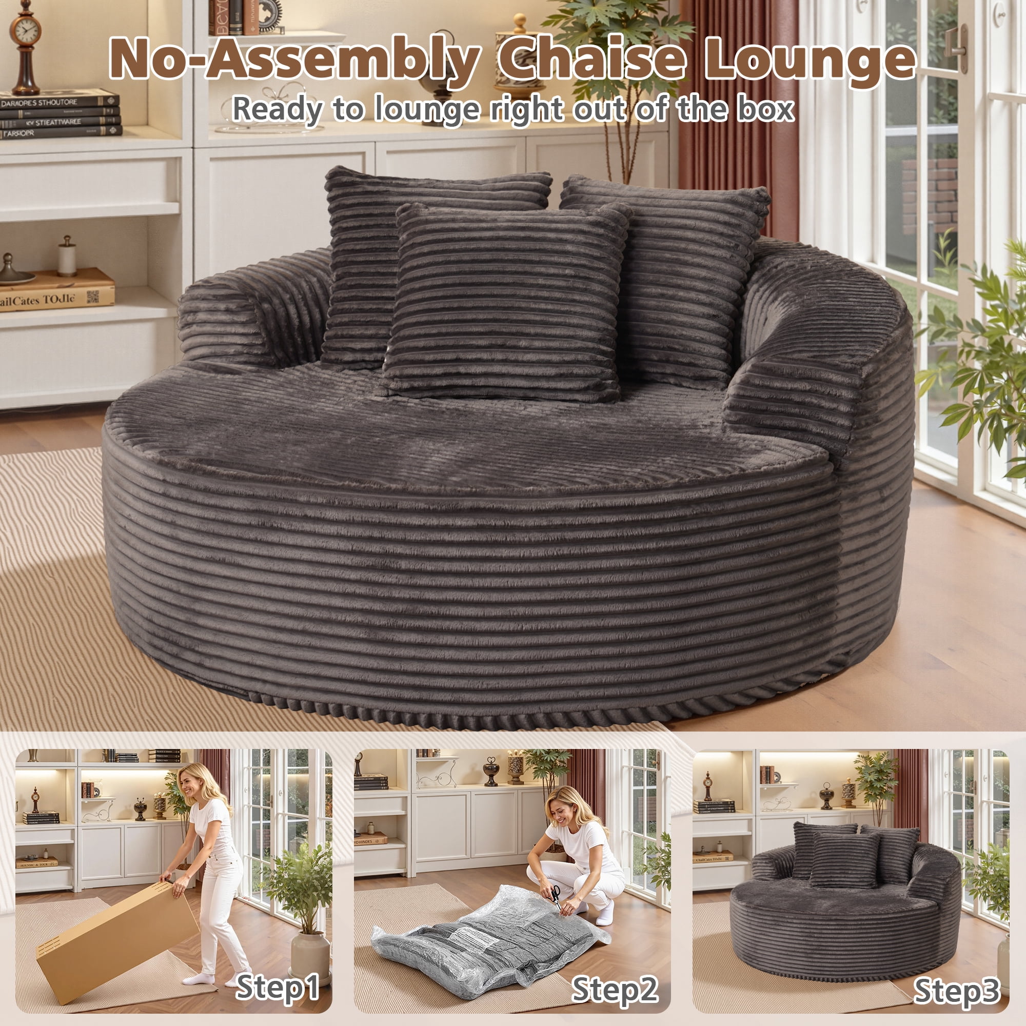 Ovios 58" Oversized Lounge Chair Round Cloud Deep Seat Accent Chair Plush Corduroy Boneless Sofa Chair for Living Room, Gray