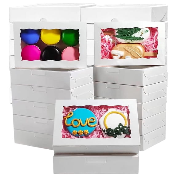 50 Pack Cookie Boxes 7" x 4 3/8" x 1 1/2" Inch White Bakery Boxes with Window Treat Box Dessert Box