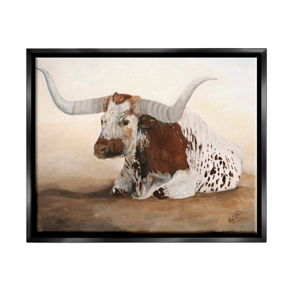 Stupell Longhorn Cattle Resting Painting Animals & Insects Painting Black Floater Framed Art Print Wall Art