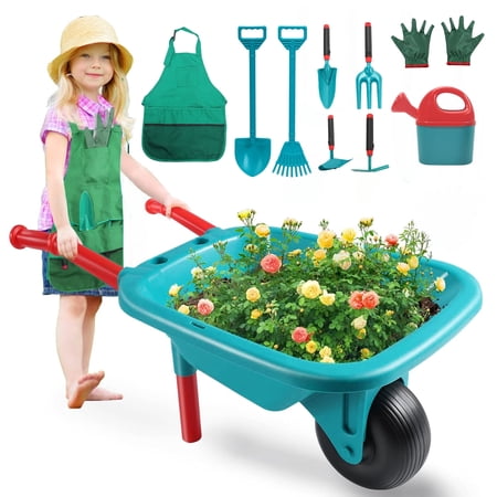 JoyStone Kids Gardening Tool Set with Wheelbarrow Watering Can Gloves Shovel Rake Apron Durable Plastic Ages 3-6