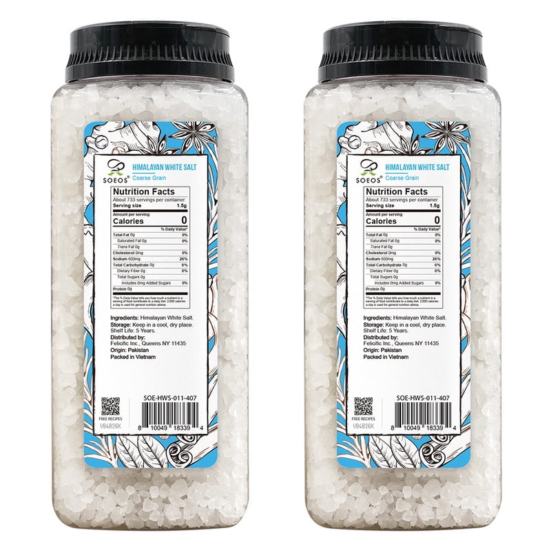 Soeos Himalayan White Salt, Coarse Grain, 39 oz, (2.4 lb), 2 Packs, total weight, 78 oz