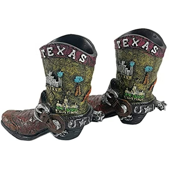 Urbalabs Western Cowboy Boot Texas Flag Toothpick Holder Vase Distressed Decorative Cowboy Boots with Spurs Home Office Rustic Decor Country Living Pen Holder for Desk