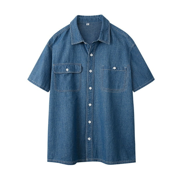 pstuiky Camisas de vestir de manga corta para hombre, Camisa informal de manga corta con cuello en V y botones lisos para hombre ropa de hombre l