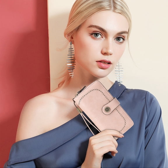 Eespoir Leather Wallet for Women, Long Zipper Women's Wallet with Wrist Strap, for Hold Credit Cards/Cell Phones/Keys, Girlfriends Gifts, Pink
