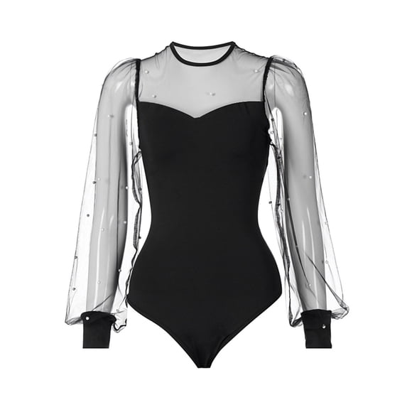 Mesh Long Sleeve Bodysuit for Everyday Wear Shapewear Foundation Garment with Beaded Detailing and Triangle Thong Sleeves in