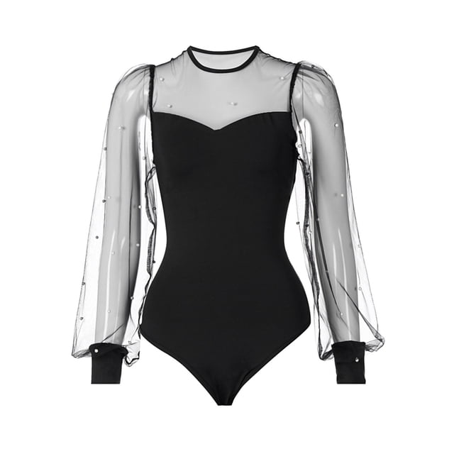Mesh Long Sleeve Bodysuit Foundation Garment for Daily Wear with Beaded Detailing and Shapewear Performance