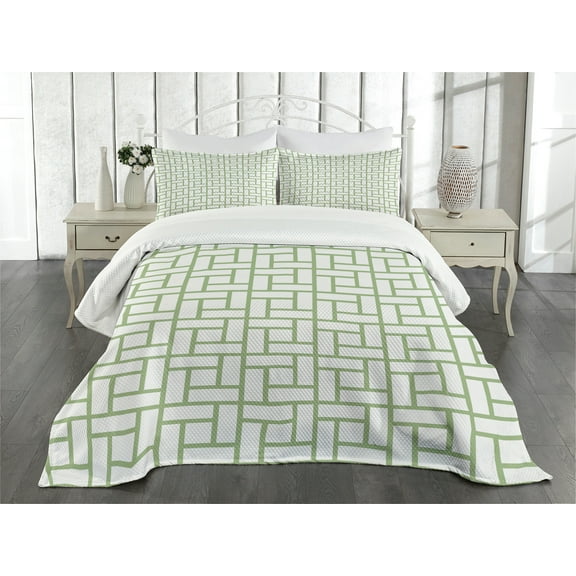 Ambesonne Green Quilted Bedspread Set 3 Pcs, Maze Shaped Squares Lines, King Size, Pistachio Green White