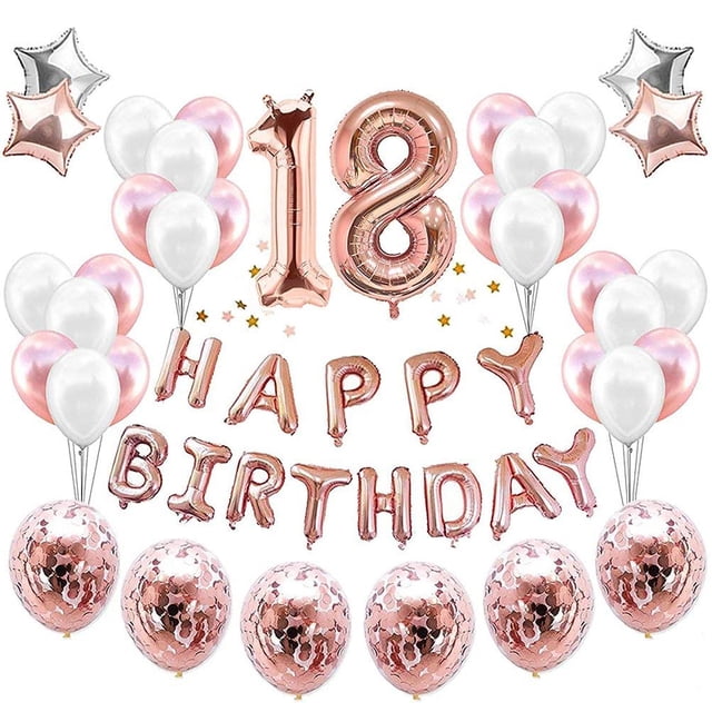 Globos elegantes de oro rosa, decoraciones premium reutilizables para el cumpleaños número 18 para hombres y mujeres, juego completo de suministros para fiestas con globos de confeti y pancarta de