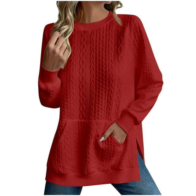 Chandails en Molleton d'Automne pour Femmes Chandail Tendance Nouveau pour Femmes Automne Hiver Col Rond Hauts Décontractés Fente Latérale Manches Longues Chandails en Molleton avec Poche Rouge G