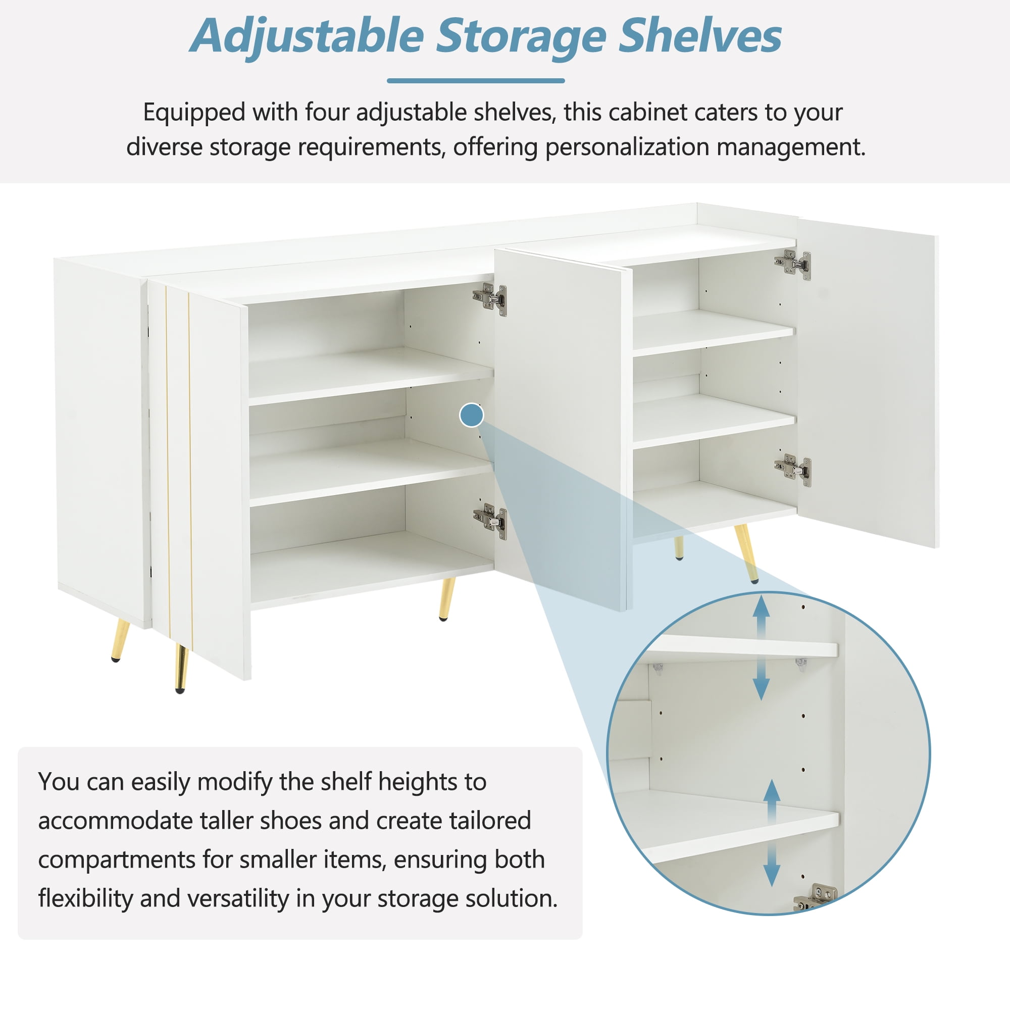 Euroco Modern Storage Cabinet with Gold Accents and Adjustable Shelves, Multi-Purpose Sideboard for Entryway, Kitchen, or Living Room – Handleless Design with Spill-Proof Top