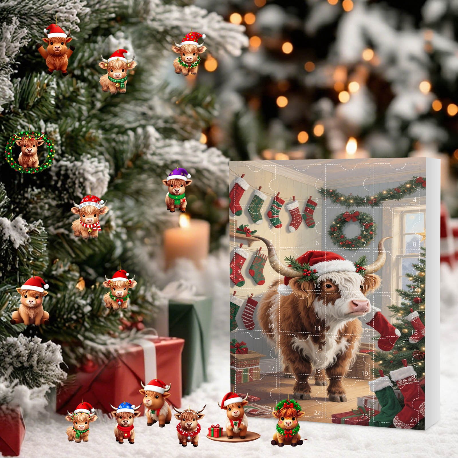 Cheapark2025 Christmas Cow Advent Calendar - 24 Days Hanging Ornament Countdown, Cute Farm Animal-Themed Decor for Christmas Trees & Entryway Hooks