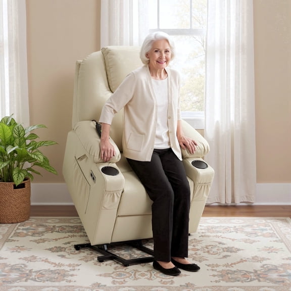 MCombo Electric Power Lift Recliner Chair Sofa with Massage and Heat for Elderly, 3 Positions, 2 Side Pockets, and Cup Holders, USB Ports, Faux Leather 7141 Cream White, Small