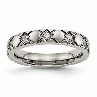 Grey Titanium Ring Band Wedding Cubic Zirconia CZ Polished Criss Cross Grooved